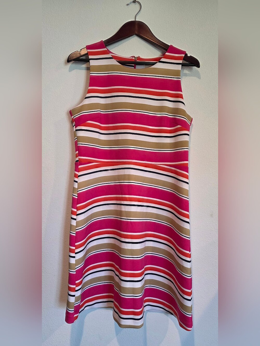 Michael Kors Ponte Knit Stripe Dress Sz Large Shealth Fit Flare Knee Pink Tan